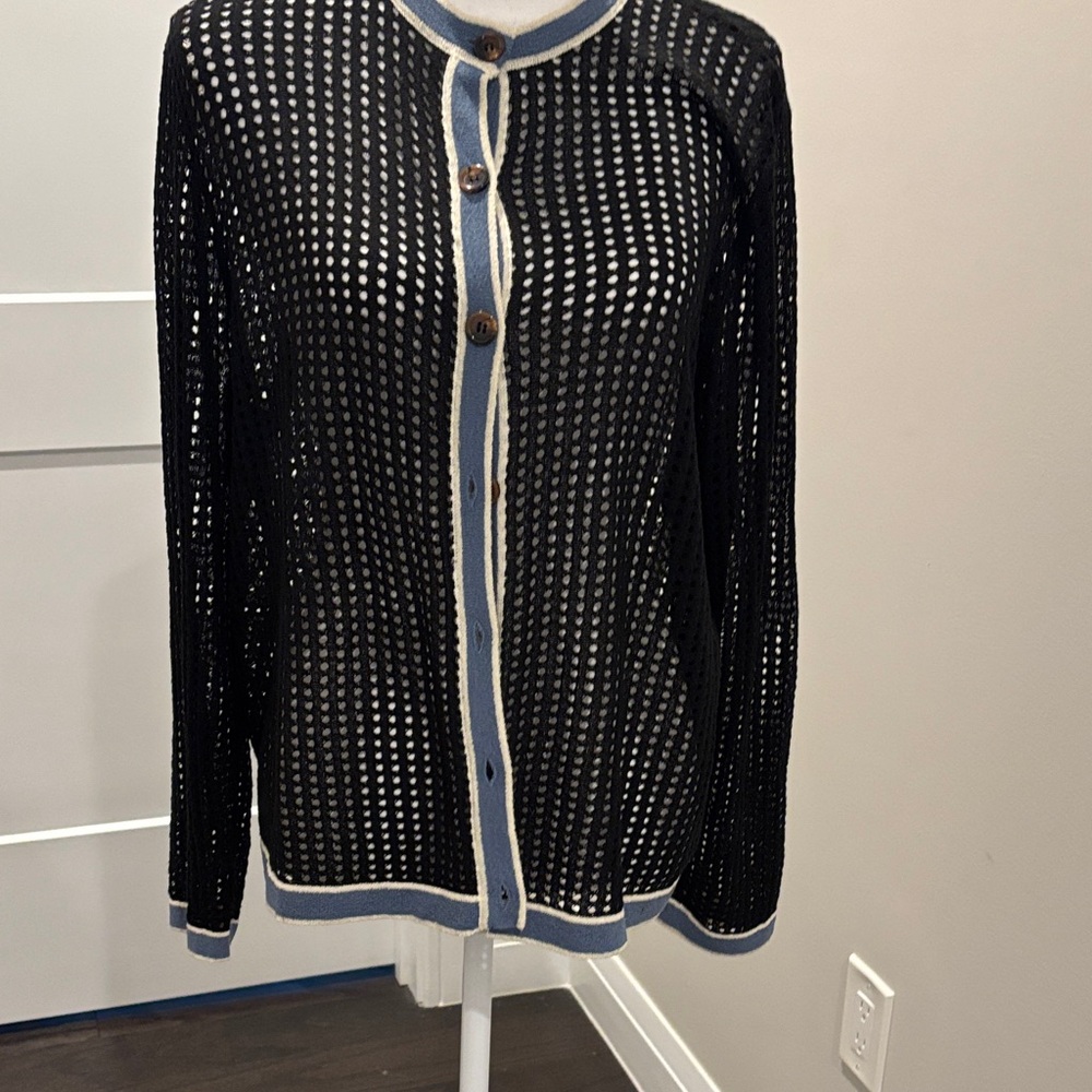 Elegant Black and Blue Open-Knit Cardigan